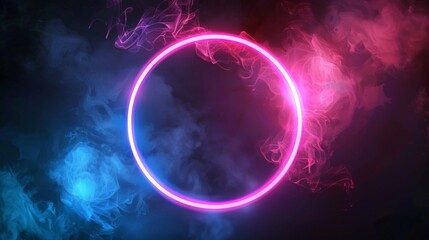Wall Mural - The circle of neon light is made up of glowing pink and blue fog effects on a dark background. This is a futuristic or magic game portal with haze.