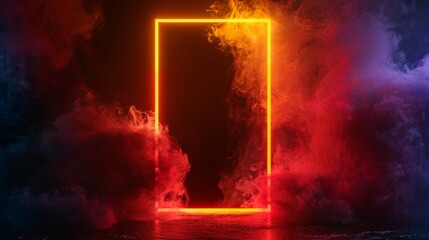 Poster - this modern illustration features a neon light door with glowing particles in the air, as well as a 