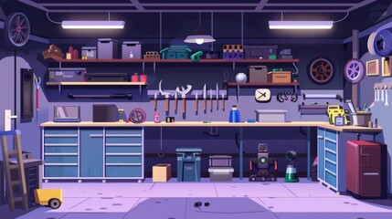 An interior cartoon of a garage with workshop furniture and tools. Modern illustration of a car repair and storage room with table, chair, tool chest and first aid kit along with screwdrivers and