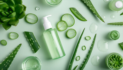 Wall Mural - Cut aloe vera leaves and cosmetic gel on light green background, flat lay