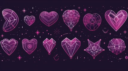 Poster - Isolated red wireframe shapes set on a background for modern illustration. Modern illustration of 3D grid geometric icons, Y2K mesh globe, heart, cherry, star, cone, landscape design, cyber space
