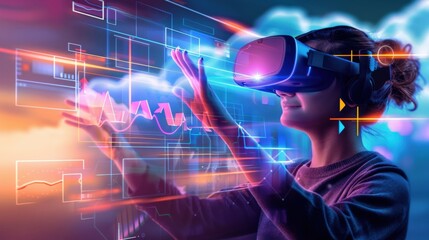 Wall Mural - A woman is wearing a virtual reality headset and is playing a game. The image is colorful and vibrant, with a sense of excitement and adventure