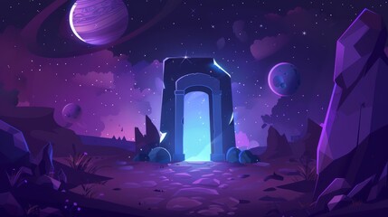 Poster - Cartoon illustration depicting an alien planet with a magical portal and a stone doorway. Mystic neon gate with a bug symbol depicting time travel.