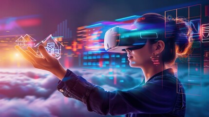 Poster - A woman is wearing a virtual reality headset and is playing a game. The image is colorful and vibrant, with a sense of excitement and adventure
