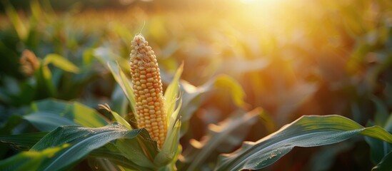 Wall Mural - Ripe Corn Ear Growing in a Field at Sunset