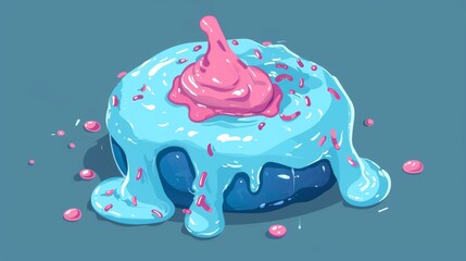 Wall Mural - Realistic 3d modern illustration of melted frosting and liquid icing on a pastel blue background. Cute pink sprinkle decoration.