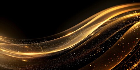 Canvas Print - Elegant gold and black abstract waves with sparkling particles on a dark background.