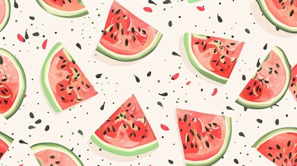 Poster - A close-up image of freshly cut watermelon slices with black seeds, arranged on a white background. Generative AI