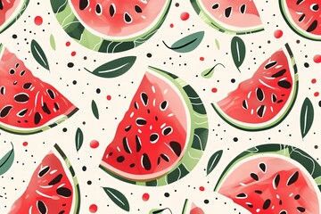 Poster - A vibrant illustration featuring watercolor watermelon slices with seeds and green rinds on a white background. Generative AI