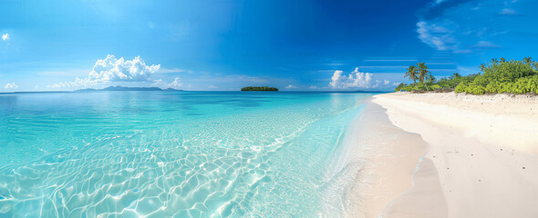 Panoramic view of a tropical beach with white sand turquoise water and blue sky in summer island in the distance