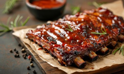 Wall Mural - Delicious grilled bbq ribs on rustic background
