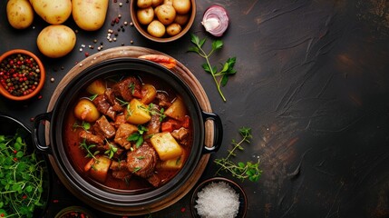 Wall Mural - Close-up of a hearty beef and potato stew with parsley in a cast iron skillet on a rustic wooden table