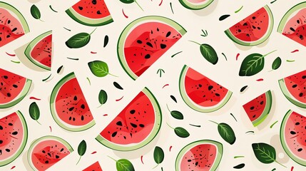 Aufkleber - A close-up, flat lay image of watermelon slices with seeds and green leaves on a light background. Generative AI