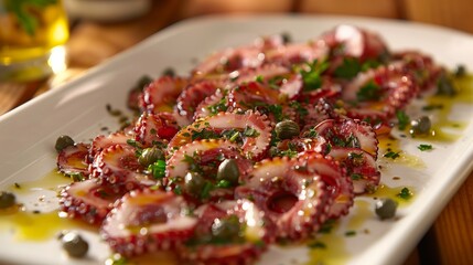 Wall Mural - Close-Up of Thinly Sliced Octopus Carpaccio with Olive Oil and Capers