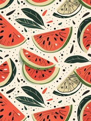 Aufkleber - A seamless pattern featuring red watermelon slices with black seeds and green rinds, scattered green leaves, and black and red dots on a light background. Generative AI