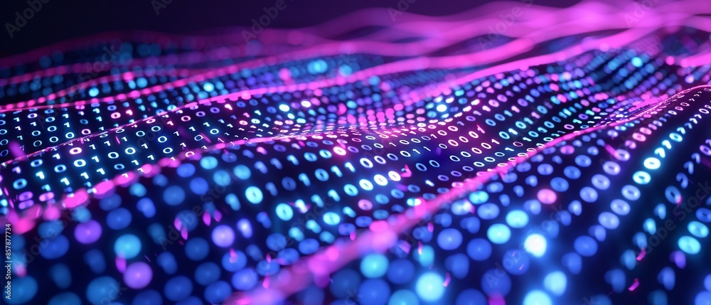 Neoncolored data streams merging into a grid of binary digits, dark ...