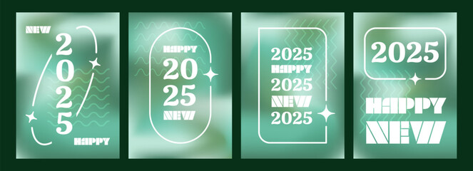 Poster - New 2025 Year in y2k aesthetics poster set, four posters with text greeting, white frames with blinks and wavy pattern decorations. Vector illustration.