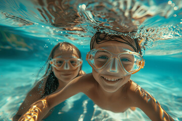 Happy children snorkeling underwater in clear blue ocean with goggles, adventure and fun in tropical beach, summer vacation with palm trees