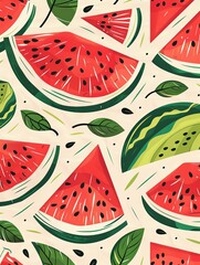 Aufkleber - A vibrant illustration featuring slices of watermelon with red flesh, black seeds, and green rinds on a light background. Generative AI