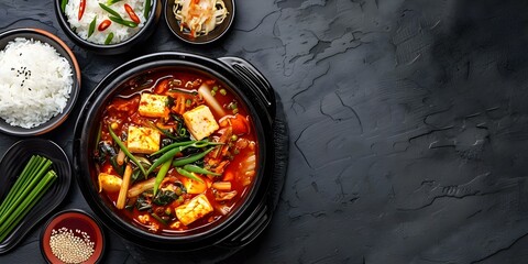Wall Mural - Korean Kimchi Jjigae Stew with Pork, Vegetables, Rice, and Side Dishes A Flavorful Meal. Concept Korean Cuisine, Traditional Food, Kimchi Jjigae Stew, Pork Dishes, Flavorful Meals