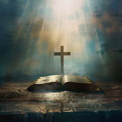 Wall Mural - Illuminated Cross on Open Bible with Radiant Light