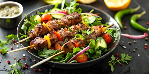 Canvas Print - Spicy Suya Kebabs and Fresh Veggie Salad with African Spices A Closeup View. Concept African Cuisine, Suya Kebabs, Veggie Salad, Spices, Closeup View
