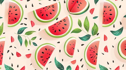 Aufkleber - A vibrant pattern of red watermelon slices, black seeds, and green leaves on a light pink background. Generative AI