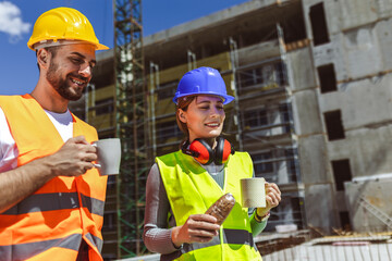 Three constructions workers having coffee and lunch break at construction site.