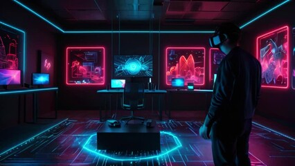 Poster - A person wearing a virtual reality headset is standing in a room with multiple computer monitors and glowing neon lights.