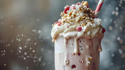 A close-up shot of a gourmet fast food vegan milkshake, highlighting the creamy texture and toppings