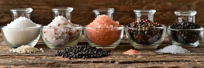Poster - Various types of salt and pepper in glass jars and small bowls, including sea salt, pink Himalayan salt, black peppercorns, and white pepper, on a rustic wooden surface. Generative AI