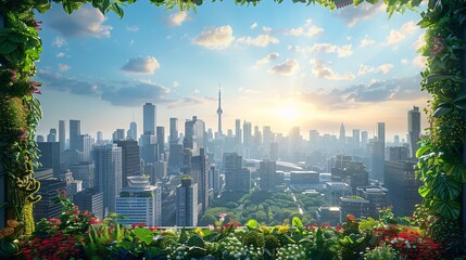 Wall Mural - Panoramic view of a city skyline framed by lush green plants and flowers, with a bright sunrise