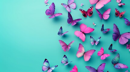 Wall Mural - A painting of many butterflies on a blue background