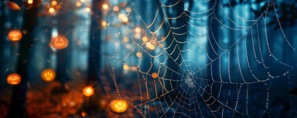 halloween background with cobwebs as symbols of halloween on the background of a scary forest. hallo