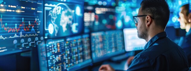 Poster - team of cybersecurity experts analyzing data on multiple screens in a high-tech command center
