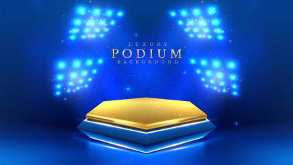 Wall Mural - empty podium golden on blue background with light neon effects with bokeh decorations. luxury scene 