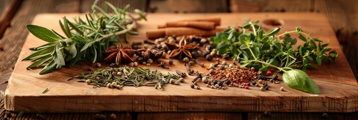 Fototapete - A wooden cutting board filled with fresh rosemary, thyme, basil, and dried spices like cinnamon sticks, star anise, and peppercorns. Generative AI