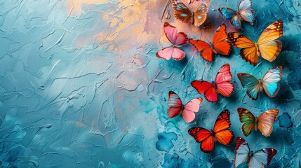 Wall Mural - A painting of many butterflies on a blue background