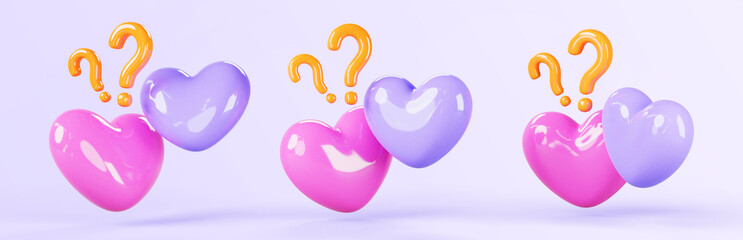 Poster - 3d set of couple hearts with question marks isolated render icons. Love pink purple symbols and doubt signs, unknown valentine. Concept of romance, friendzone or relationship problems. 3D illustration