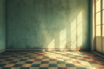 Sticker - Empty green room with sunlight casting shadows on patterned floor