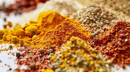 Wall Mural - A close-up shot of turmeric, coriander, and paprika spices spread out on a white surface. The vibrant colors and textures of the spices are highlighted in this image. Generative AI