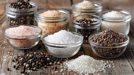 Poster - An assortment of salt and pepper, including sea salt, pink Himalayan salt, black peppercorns, and white pepper, displayed in glass jars and small bowls on a rustic wooden table. Generative AI