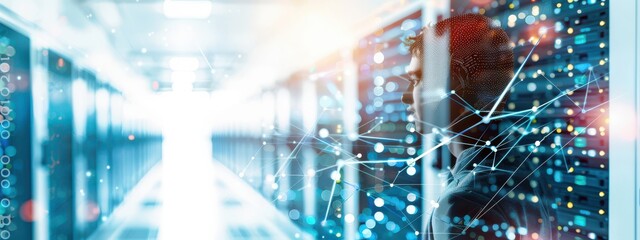 Poster - A double exposure image depicting a team of professionals collaborating, with cloud data center components and AI data flow visualizations blending into the scene
