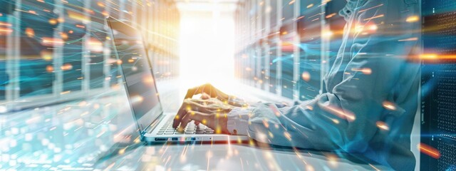 Poster - A double exposure image featuring a person typing on a laptop, with the interior of a modern data center visible through the laptop screen