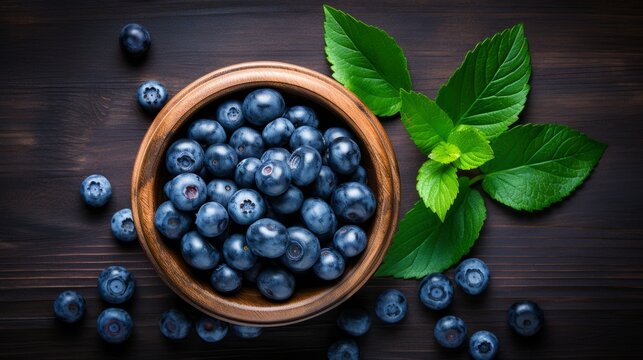 Closeup of ripe blueberries and leaves in a wooden bowl or plate, isolated on dark table background