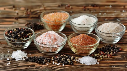 Poster - A close-up view of various salts and peppercorns in glass bowls and jars, arranged on a rustic wooden surface. Generative AI