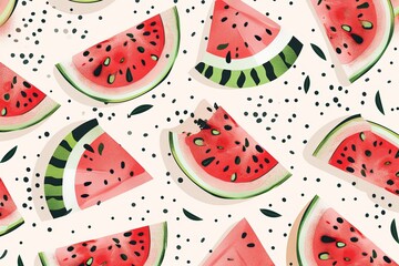 Poster - A vibrant image featuring multiple slices of watermelon with black seeds and green rinds, arranged in a repeating pattern on a white background. Generative AI