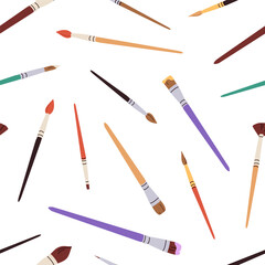 Poster - Paintbrush tools, seamless pattern. Paint brushes, artistic background. Art and craft, drawing supplies, endless repeatable print for textile, fabric, wrapping design. Flat vector illustration