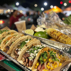 Wall Mural - a vibrant scene of tex-mex street food featuring tacos al carbon with grilled meat, fresh corn, onions, and cilantro in a bustling night market