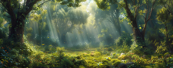 A serene forest glade with shafts of sunlight filtering through the canopy.